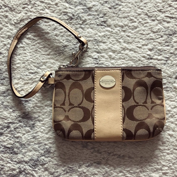 Brown & beige Signature Coach wristlet purse - Picture 1 of 8